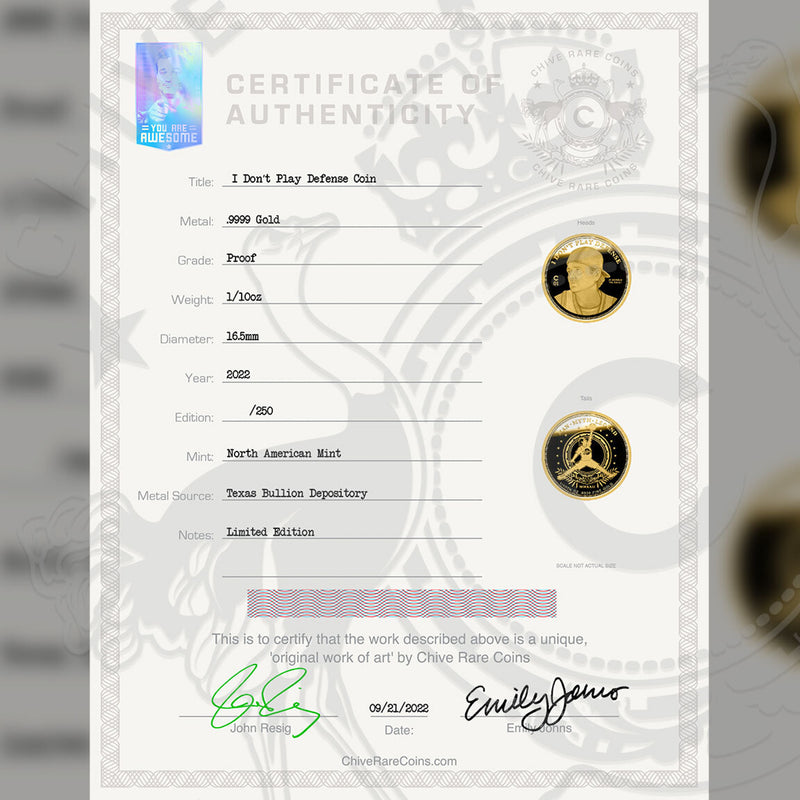 I Don't Play Defense Gold Coin 1/10 oz
