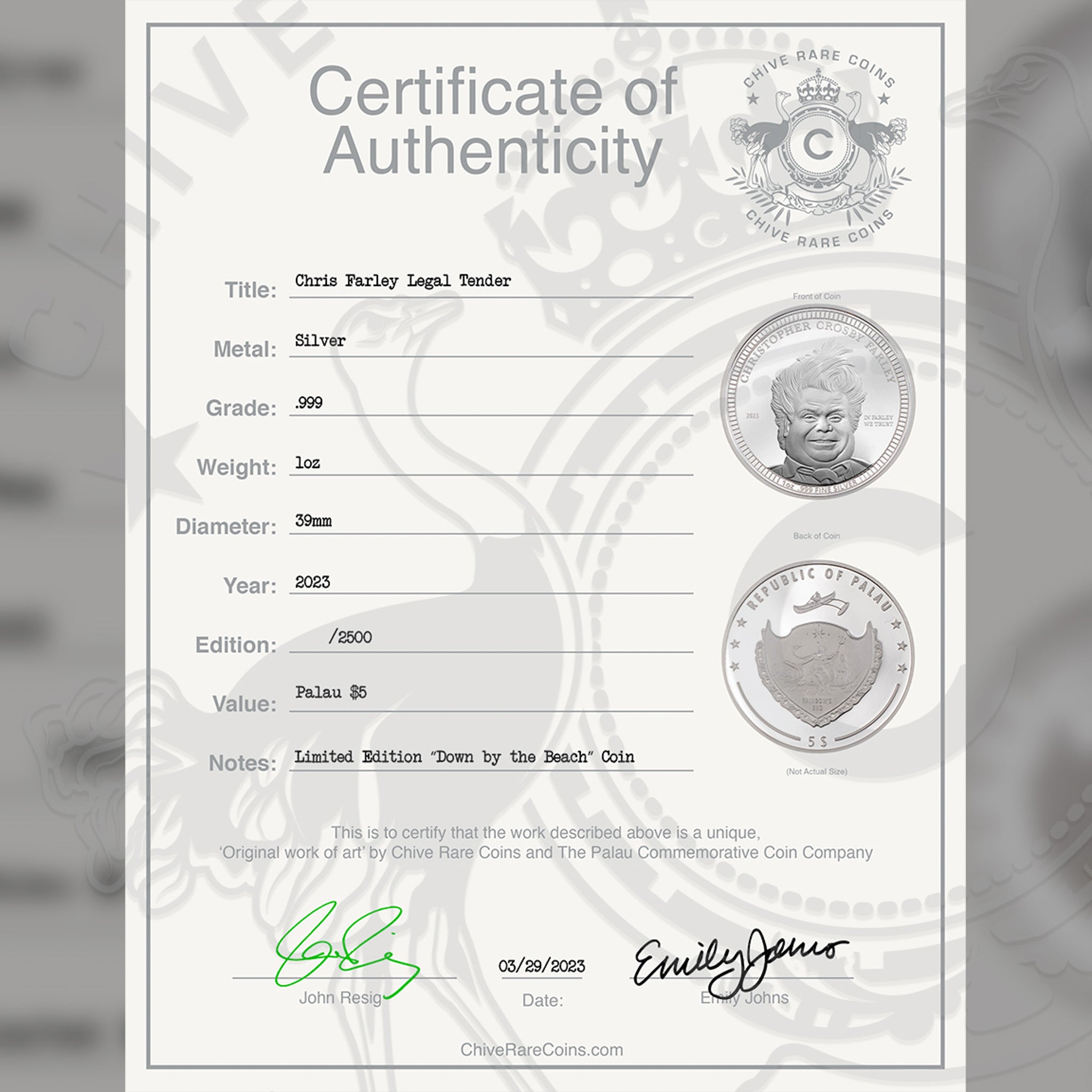 2023 Chris Farley Legal Tender Silver Coin 1 oz The Chivery