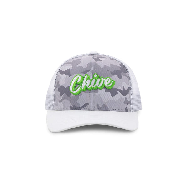 Embroidered Chive Script Camo Snapback Hat