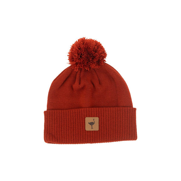 Ostrich Patch Red Pom Pom Beanie